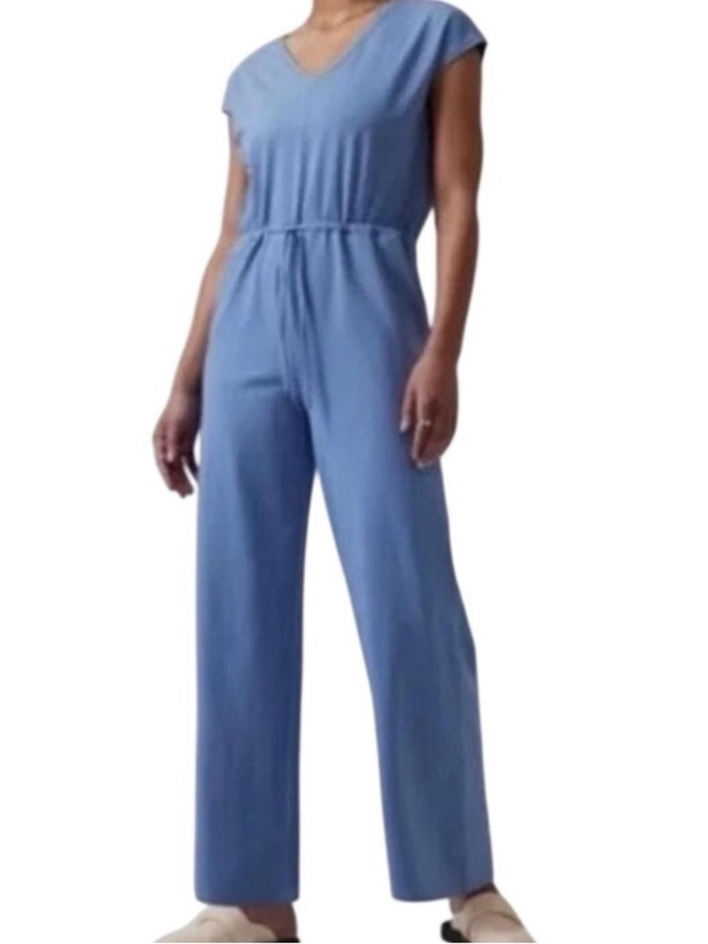 Athleta Willow Jumpsuit Womens M Blue V-Neck Drawstring Waist Wide-Leg Pockets